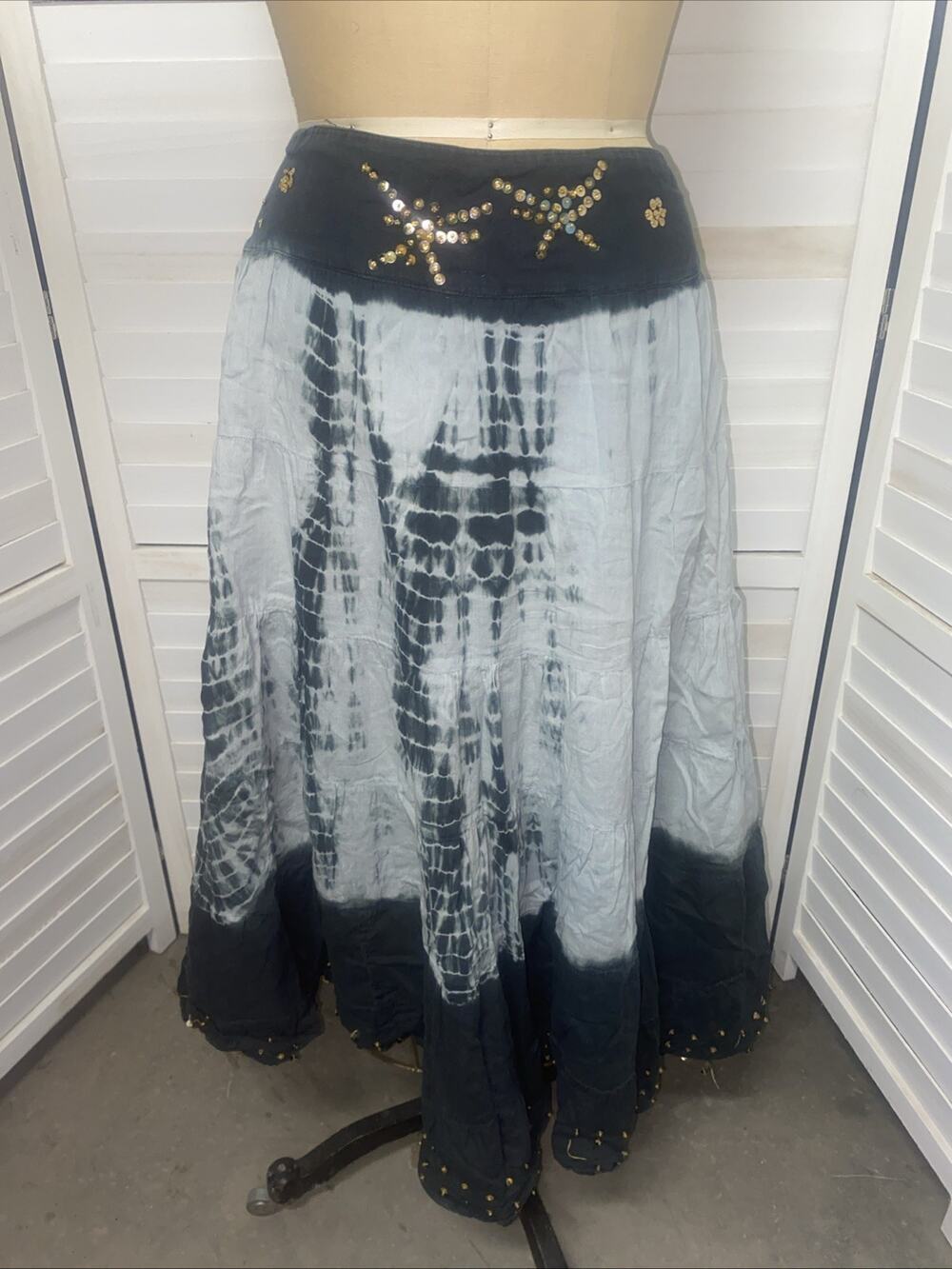 Ash & Sara Boho Black Blue Tye Dye Tiered Skirt Boho Festival Sequins Size XL